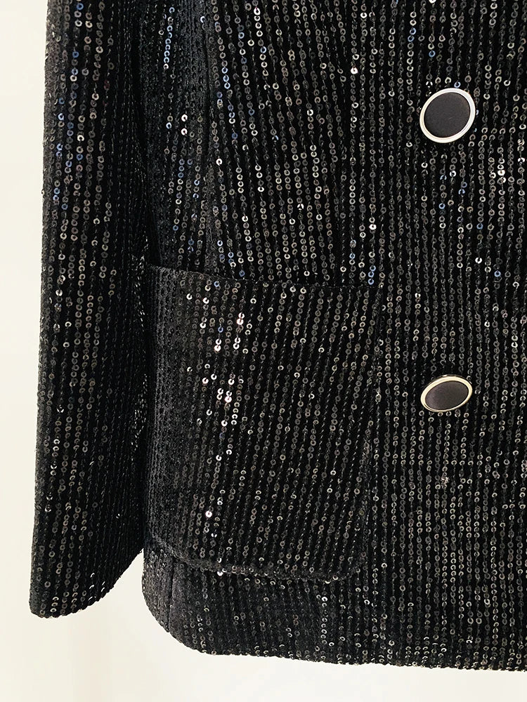 HIGH STREET 2024 Newest Designer Fashion Runway Suit Set Women's Slim Fit Glitter Sequined Velvet Blazer Flare Pants Set 2pcs