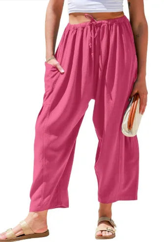 Loose Wide Leg Pants Women's Clothing Elastic Waist Pleated High Waist Casual Cotton Linen Solid Color Trousers Pants