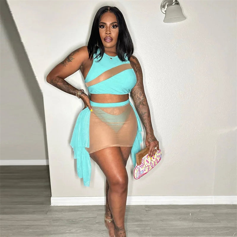 Sexy Mesh See-through Patchwork 2 Piece Sets Women Outfit Festival Clothing Tank Crop Top and Mini Skirt Set Night Club Outfits