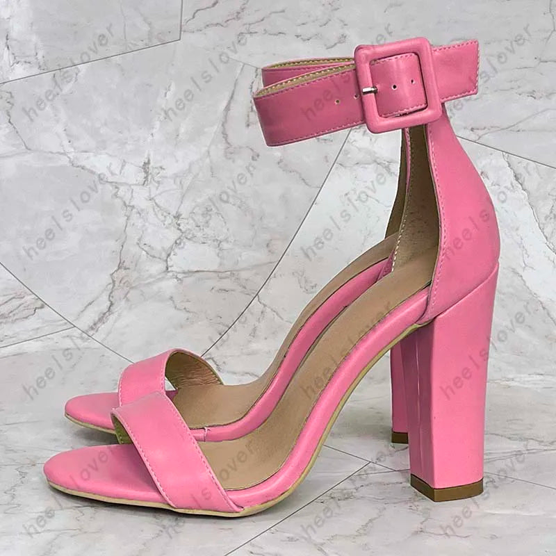 Elegant Green Square Toe Buckle Strap Heeled Sandals For Women