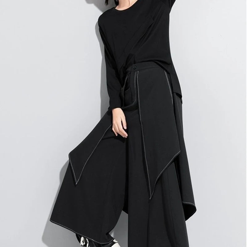 French fashion temperament black wide-leg pants women's spring and autumn new loose plus size casual pants casual skirt pants.