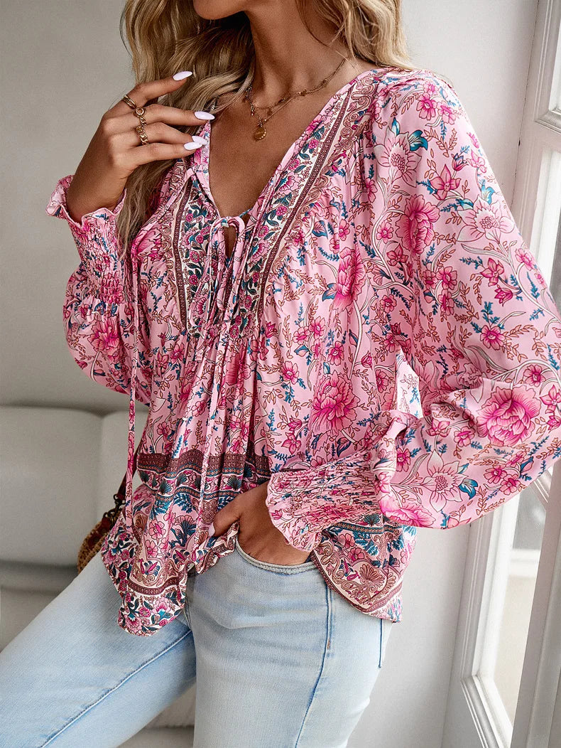 2025 Spring Summer Printed Shirt Women Elegant Chiffon V-neck Long-sleeve Top