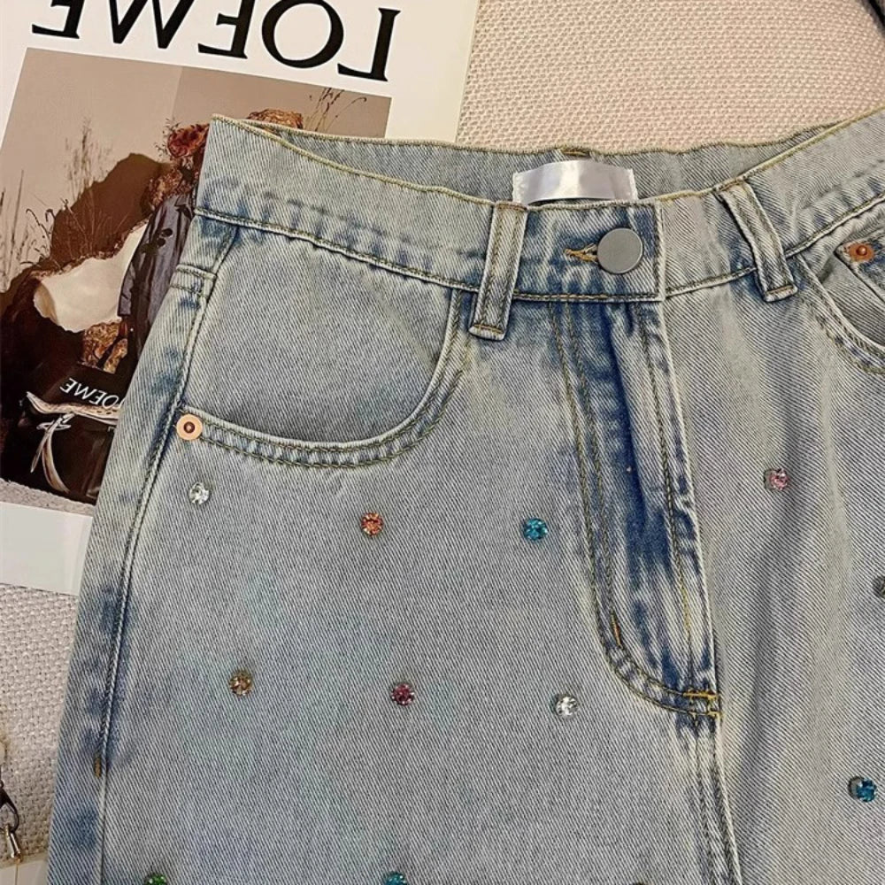 Women Diamonds Denim Pant Korean Fashion High Street Straight Ankle-Length Jeans Spring Autumn All-Match Office Lady Long Pants