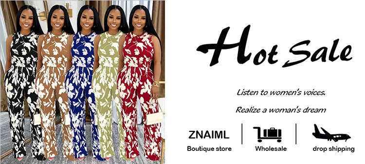 Znaiml Elegant Vacation Flowers Print O-Neck Tank Tops and Straight Wide Leg Pants 2 Pieces Women Sets Summer Birthday Outfits