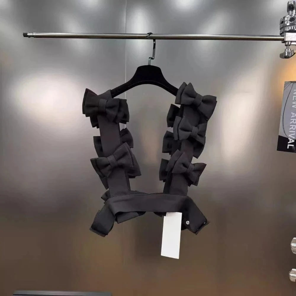 VGH Sweet Style Spliced Bowknot Vest for Women Square Collar Sleeveless Patchwork Button Fashionable Tank Tops Female Clothing