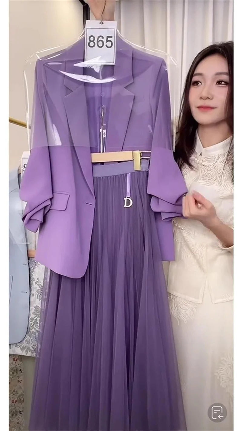 Female half Skirt Two Pieces Suit 2024 Spring Women Korean Dramas To Reduce Age Westernization Fashion Luxury Purple Suit Jacket