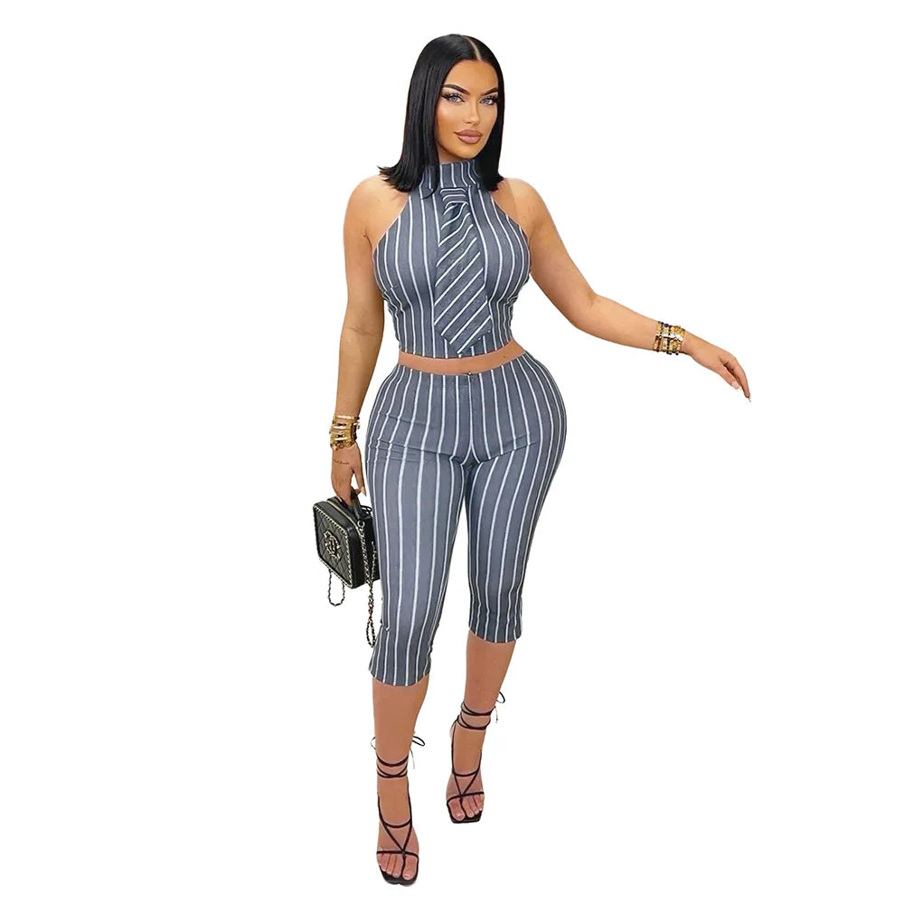 CM.YAYA Striped Printed Women's Set Sleeveless Necktie Tops and Leggings Pants 2025 Sexy Party Two 2 Piece Sets Outfit Tracksuit