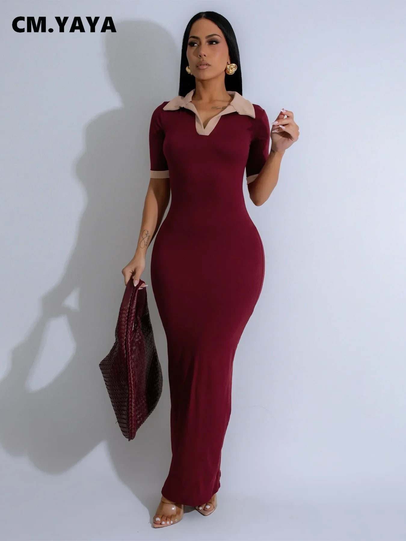 CM.YAYA Knitted V-Neck Women Short Sleeve Bodycon Long Dress 2025 Summer Sexy Night Club Birthday Party Active Maxi Dresses