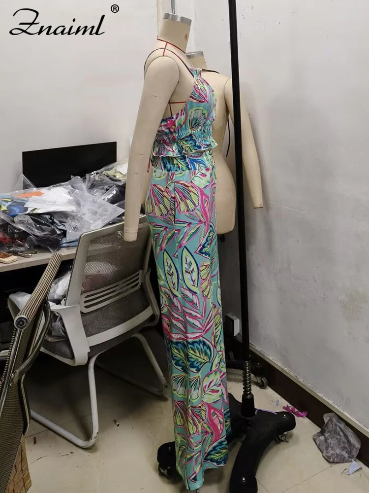 Znaiml Summer Vacation Halter Backless Crop Top and Wide Leg Pants Woman Floral Print Two Piece Set Boho Beach Club Outfits 2025