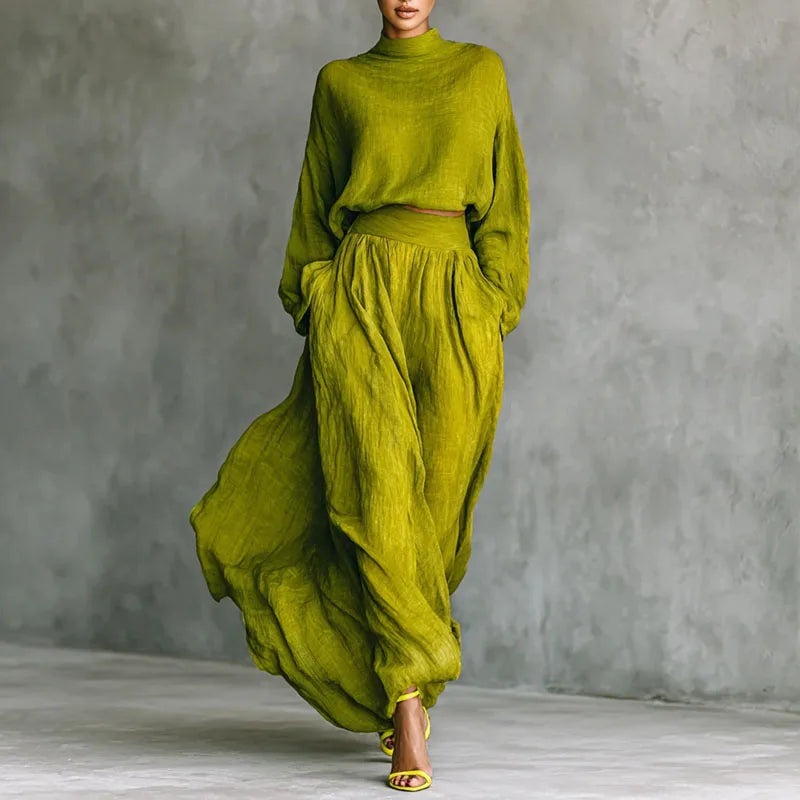 Retro Solid Cotton Linen Woman Clothing Elegant Crew Neck Batwing Sleeve Top Pullovers And Pleated Skirts Suit Autumn Outfit Set