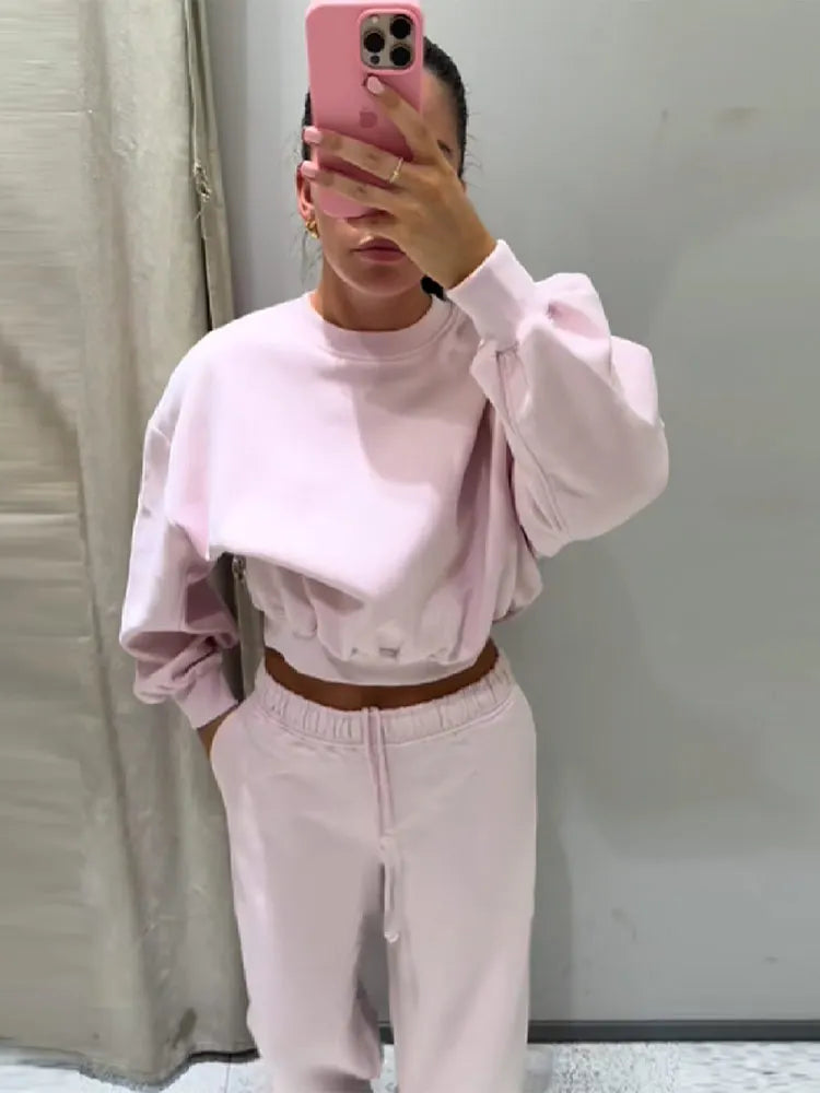 Women Round Neck Short Hoodie Pants Set Solid Color Casual Cozy Sportswear Set Top Trousers Two-piece Set Autumn New Streetwear