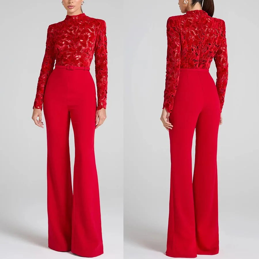 Embroidery Lace Red Jumpsuits Women Sexy Slim Long-sleeved Belt High Waist Jumpsuit Female 2025 Casual Lady Party Rompers