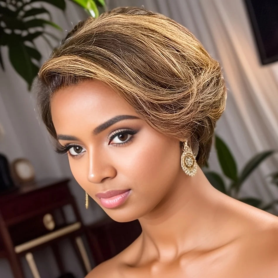 Pixie Cut Wig 13x1 Transparent Lace Human Hair Wigs Natural Color 4/27 For Women Short Bob Wig T Part Lace Wig