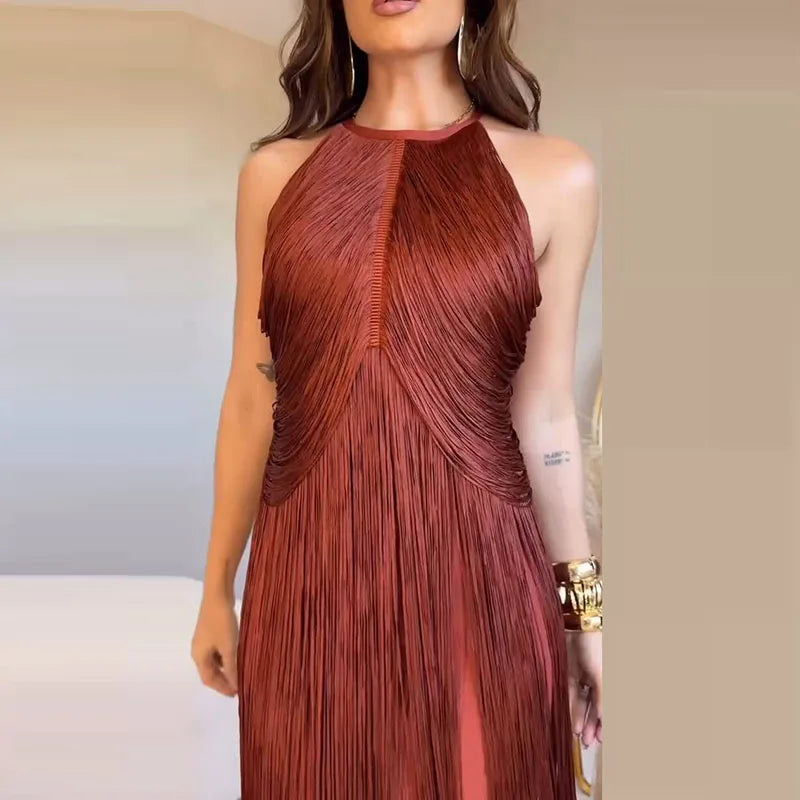 Tassel High Waisted Slim Women's Banquet Dress Sexy Hanging Neck Hollow Solid Long Dress Fashion Sleeveless Cocktail Party Dress