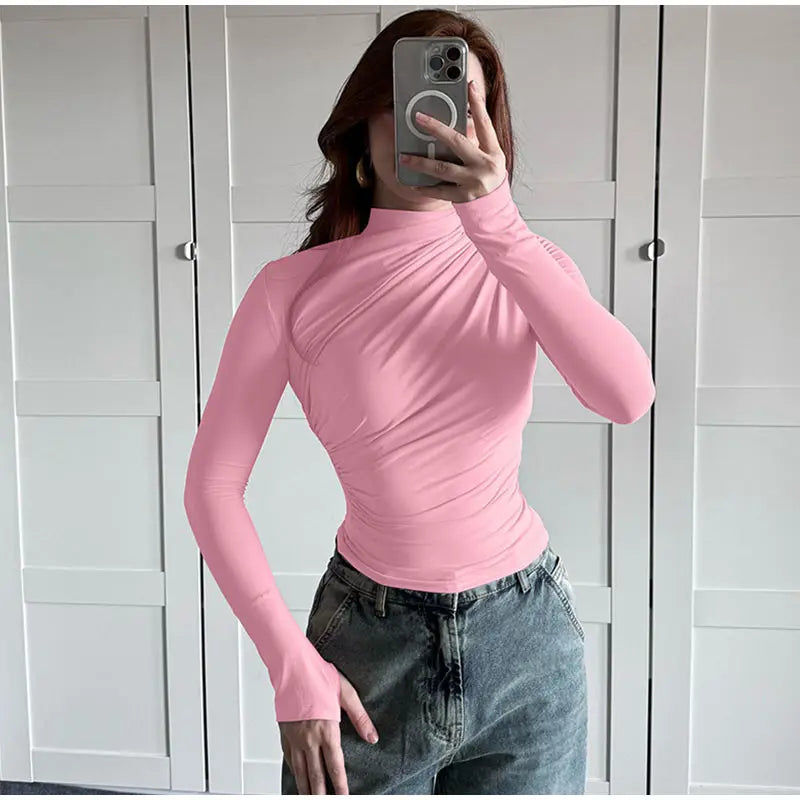 Women Tees Sexy Turtleneck Long Sleeve Pleated All-match Basic Lady T-shirts 2025 Spring Autumn Fashion Chic Female Streetwears