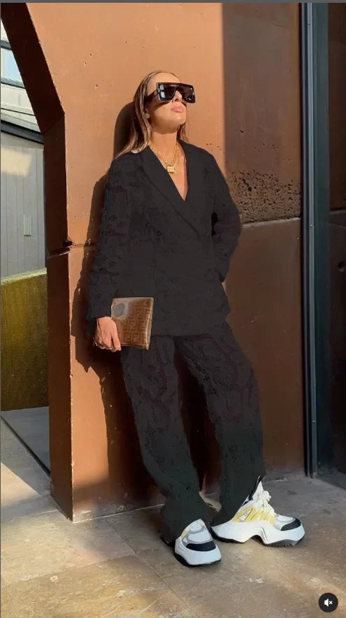 CM.YAYA Vintage Women Lace See Though Long Sleeve Blazer Suit and Wide Leg Straight Pants Set 2023 Two 2 Piece Set Outfits
