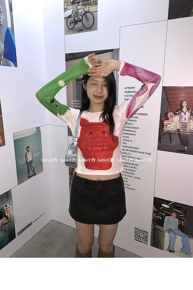 Karrram Y2k Aesthetics Mesh Tops Japanese Harajuku Cartoon Print T-shirt 2000s Vintage Cute T Shirt Korean Style Dopamine Tops