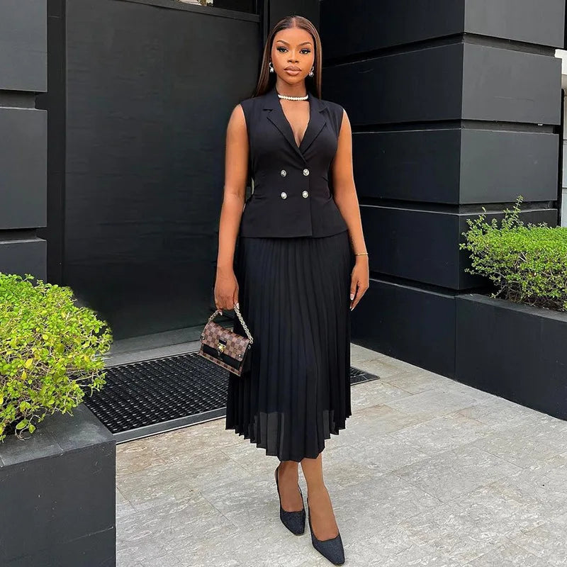 CM.YAYA Street OL Work Women's Set Sleeveless Vest Tops and Pleated Skirts Suit 2024 Summer INS Two 2 Piece Set Outfit Tracksuit
