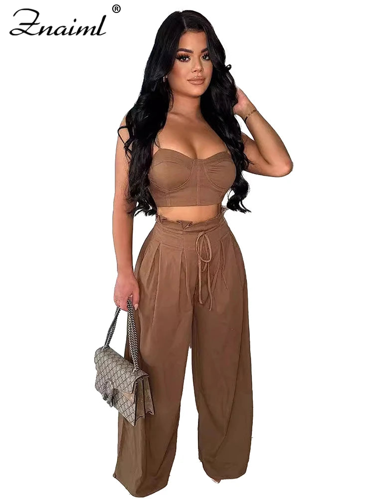 Znaiml Fashion Two 2 Piece Pants Sets Women Clothing Strap Sleeveless Top and Wide-leg Pants Elegant Streetwear Matching Suit