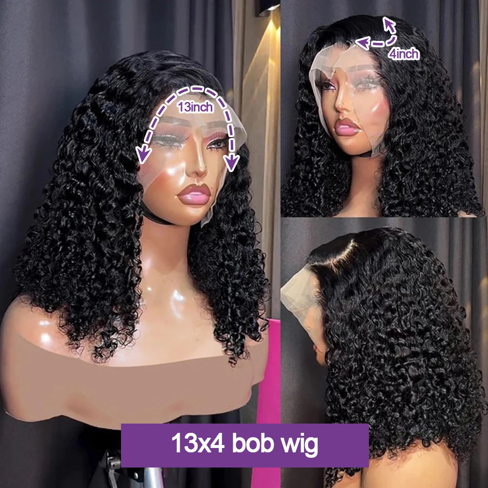 100% Human Hair wigs Glueless Deep Wave Bob Wigs 13x6 Transparent Lace Frontal Wig 16 inch Kinky Curly Short bob Wig of Women