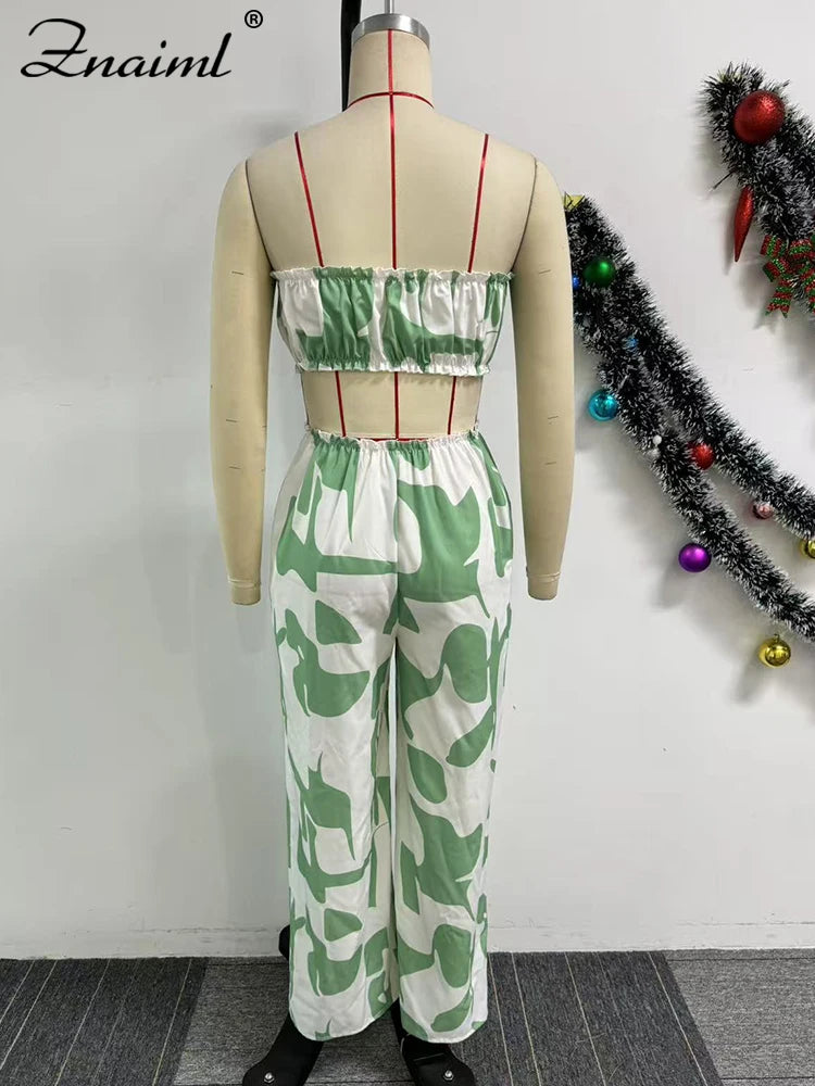 Znaiml Strapless Off Shoulder Hollow Out Green Printed Wide Leg Pants Jumpsuits Women Sexy Beach Vacation Summer Party Overalls