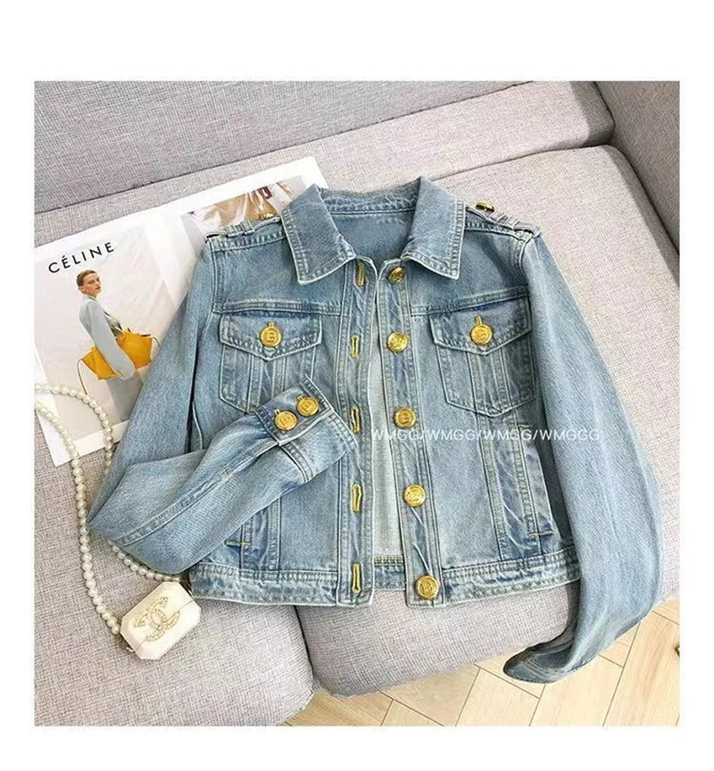 Short 2023 New Design Sense Heavy Industry Denim Coat Korean Wash Fashion Short Style Temperament Top Metal buckle Denim Jacket