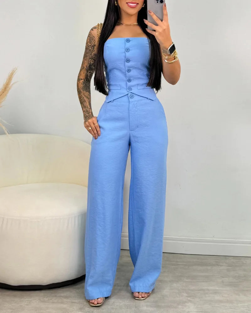 Women Fashion Sexy Summer 2 Pieces Outfit Bandeau Button Decor Vest Top & Casual Wide Leg Pants Set