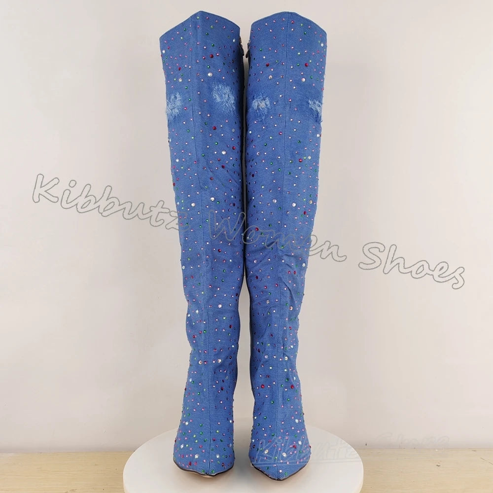 Boots Over The Knee Denim Cloth Crystal Glossy Rhinestone Slip-On Fashion Luxury Elegant Concise Sexy Spicy Girls Shoes Newest