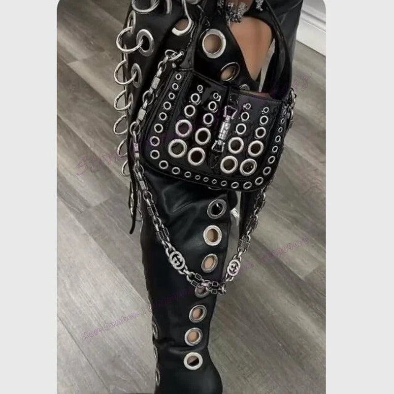 Black Metal Ring Knee High Boots Pointed Toe Shoes for Women Thin High Heels Matte Leather Punk Shoes 2025 Zapatos Para Mujere