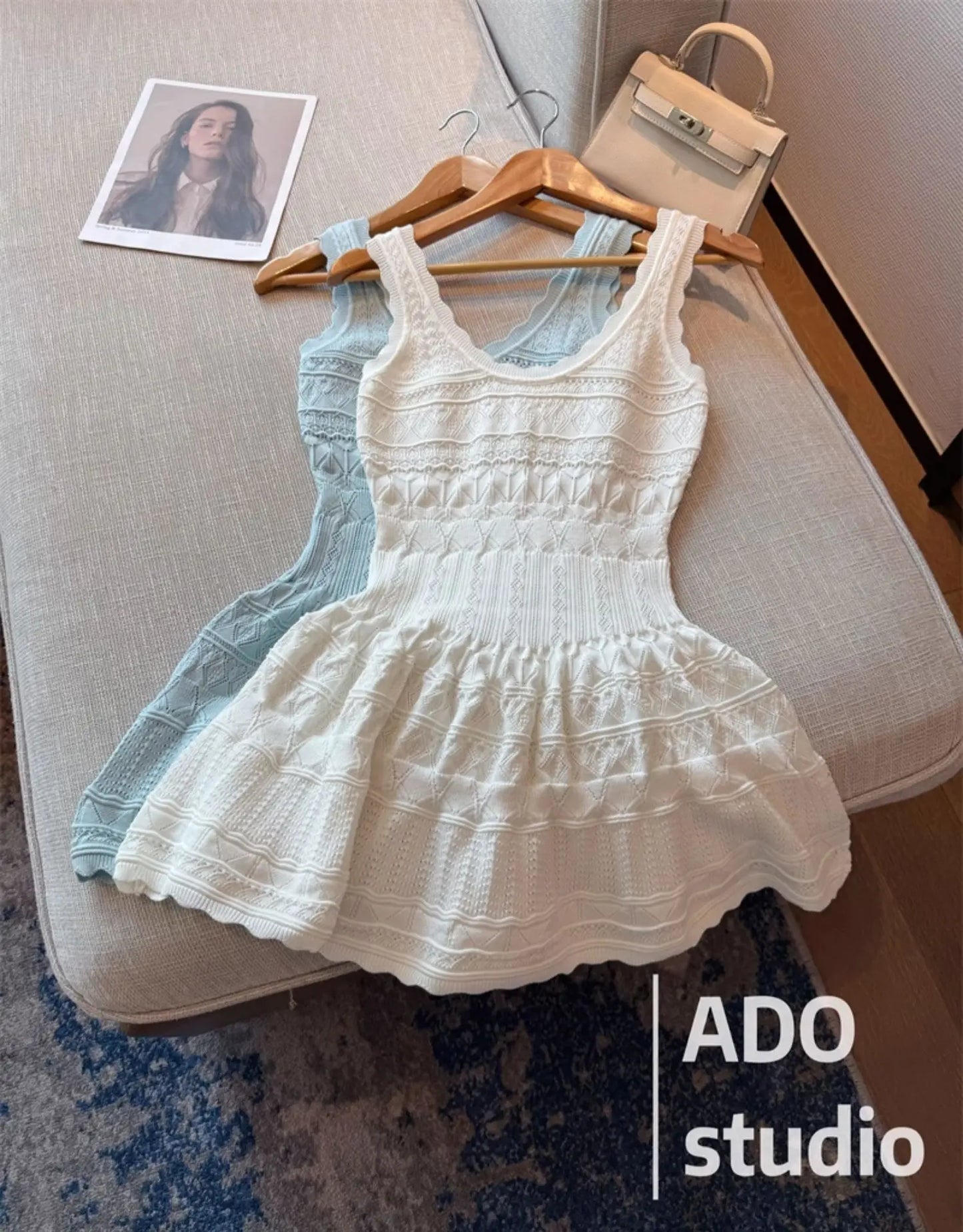 White Sweet A-line Ruffle Edge Knitted Vest Dress Women's Summer French Fashion Slim Temperament Sexy Girl Hollow Short Dress