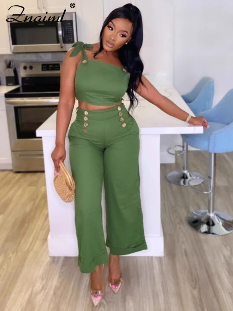 Znaiml Green Tie Shoulder Ruched Wide Strap Slim Fit Crop Top and Wide Leg Pant 2 Pieces Women Summer Streetwear Matching Sets