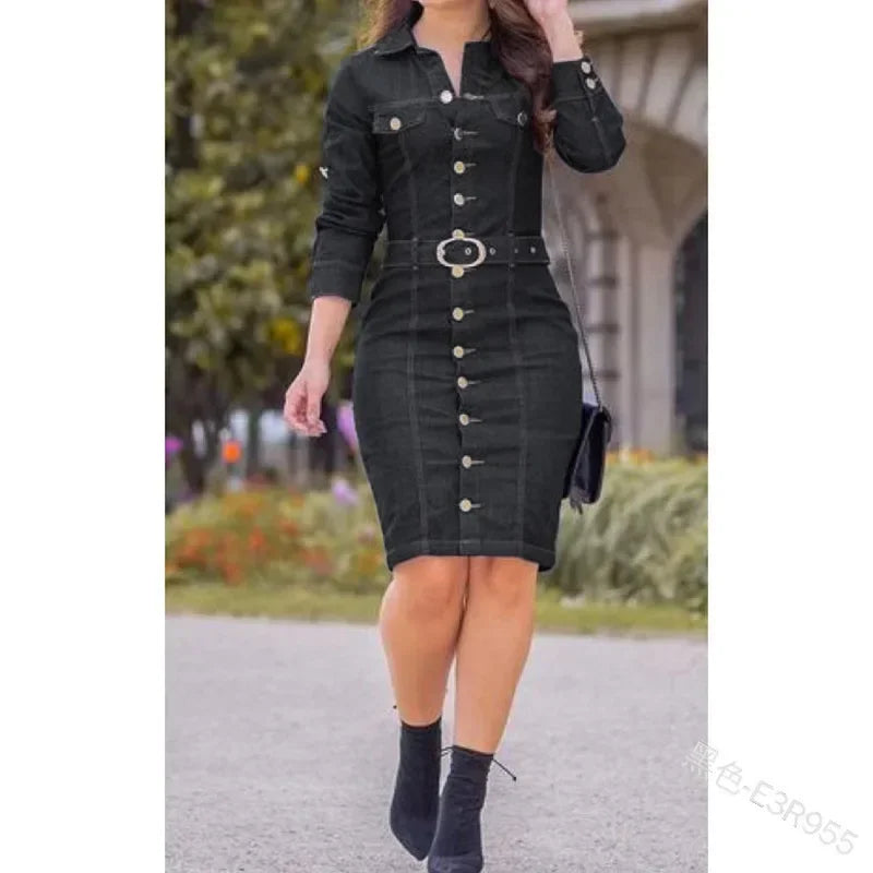 Women Denim Mini Dress Long Sleeve Single Breasted High Waist Slim Sexy Bodycon Dress with Belt
