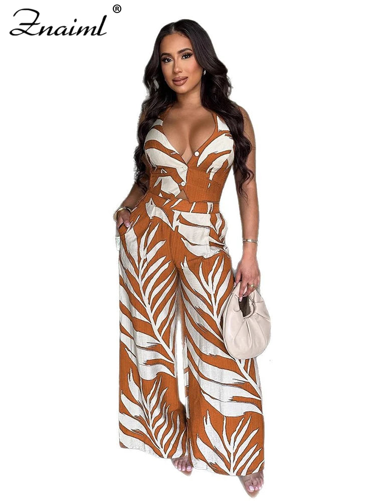 Znaiml Sexy Boho Leaf Printed Wide Leg Pants Sets for Women Halter Sleeveless Crop Tops and Trousers Two 2 Piece Vacation Outfit