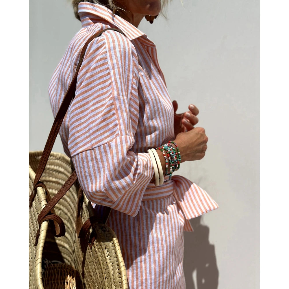 2025 Summer New Women's Stripe Lapel Half Sleeve Shirt Dress Turn-down Collar Button Front Midi Dress With Belt