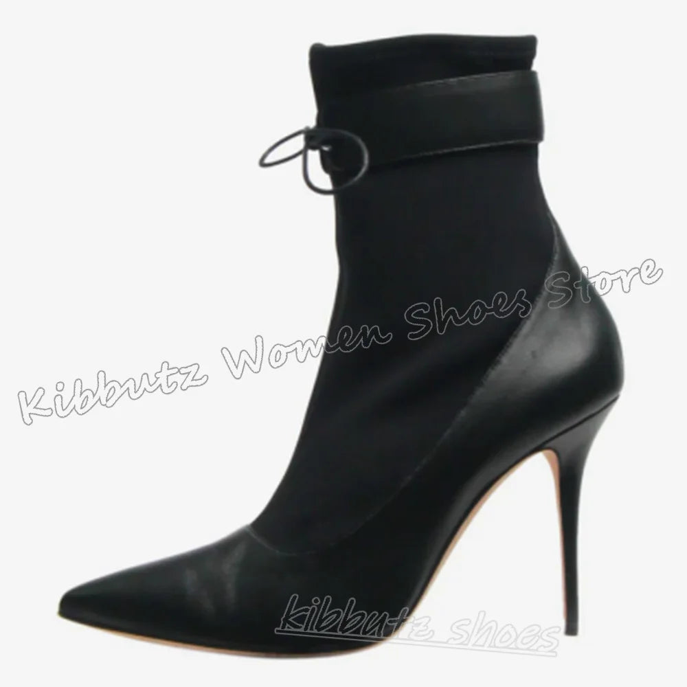 Patchwork Ankle Boots Lace-Up Leather Solid Color Novelty Luxury Elegant Concise Sexy Fashion Women Shoes New Pointy Thin Heels