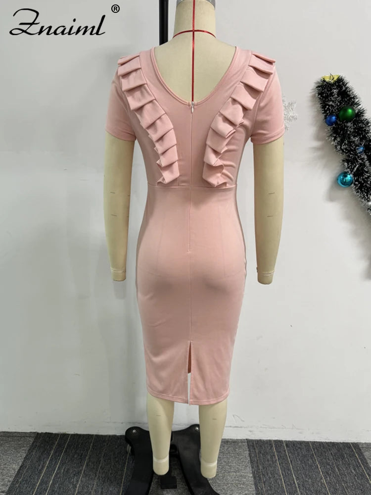 Znaiml Elegant Pink Ruched Short Sleeve Bodycon Mid Pencil Dress Women O-Neck Office Lady Slim Birthday Evening Party Clubwear