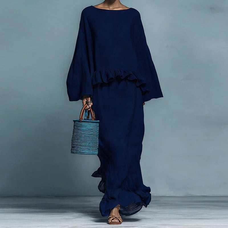 O Neck Long Sleeve Two Piece Maxi Skirt Set for Women