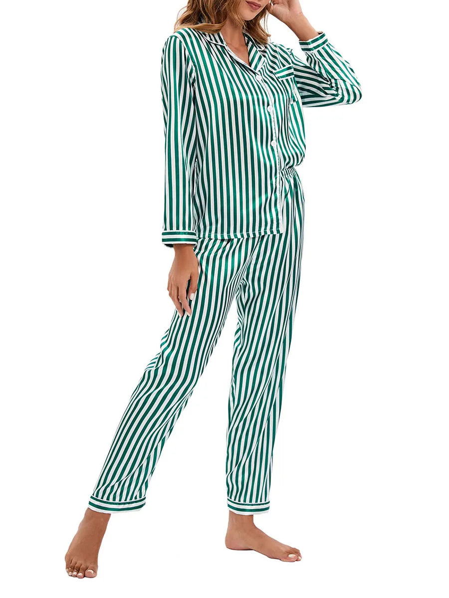 Women 2 Pieces Satin Pajamas Set Spring Autumn Long Sleeve Button Up Shirt and Casual Loose Elastic Pants Sleepwear Loungewear
