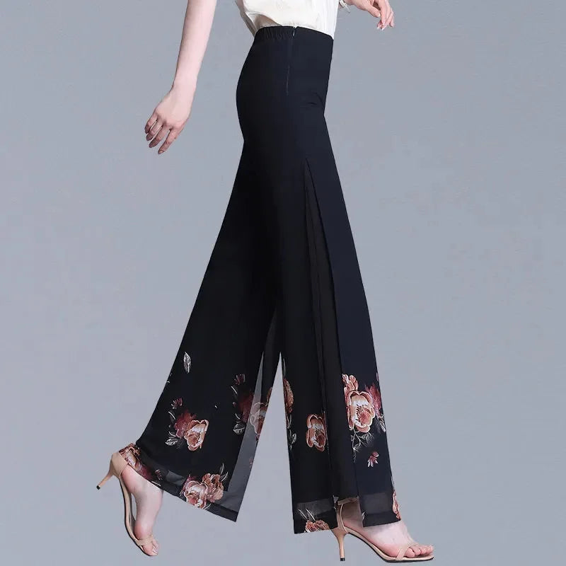 Double Layer Printed Chiffon Wide Leg Pants For Women's Summer New High Waisted Loose Dance Swing Pants Drooping Skirt Pants LA