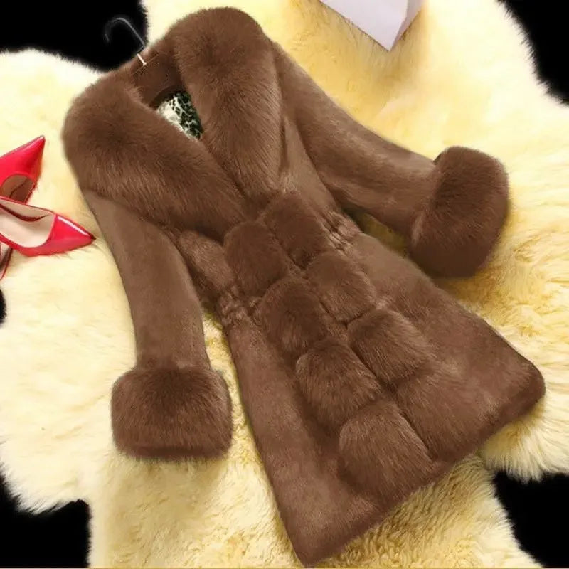 Vintage 2024 New Autumn Winter Female Mid-Long Fleece Overcoat Faux Fur Fox Fur Collar Mink Fur Coat Thicken Elegant 408