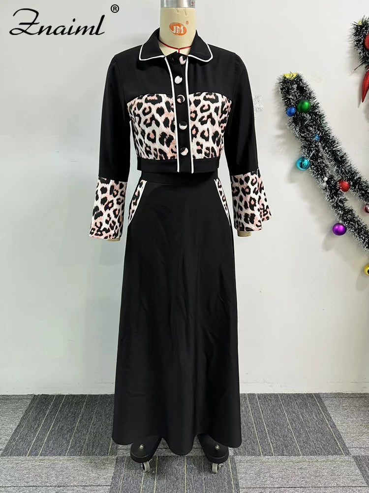 Znaiml Elegant Leopard Patchwork A-line Skirts and Crop Tops Flare Sleeve 2 Piece Sets Woman Birthday Festival Indie Folk Outfit