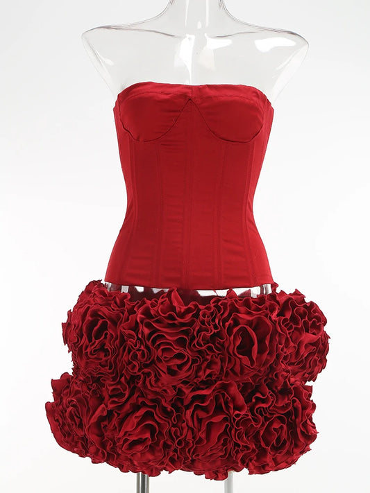 Women's Sexy Strapless Red Mini Skirt and Off-Shoulder Corset Top Two-Piece Set Lace Up Elegant Quality Luxury Party Dress