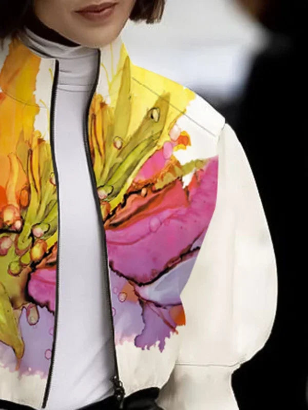 Women's Autumn New Jacket Floral Printed High Neck Puff Sleeves Coat Zippered Half Sleeve Loose Fit Outerwears