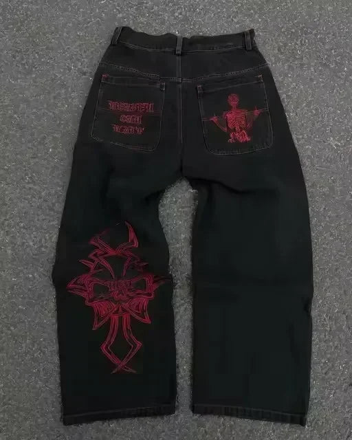 Gothic Womens Jeans Y2K Clothes Harajuku Hip Hop Pocket Embroidery Vintage Blue Baggy Jeans High Waist Slim Flared Trousers