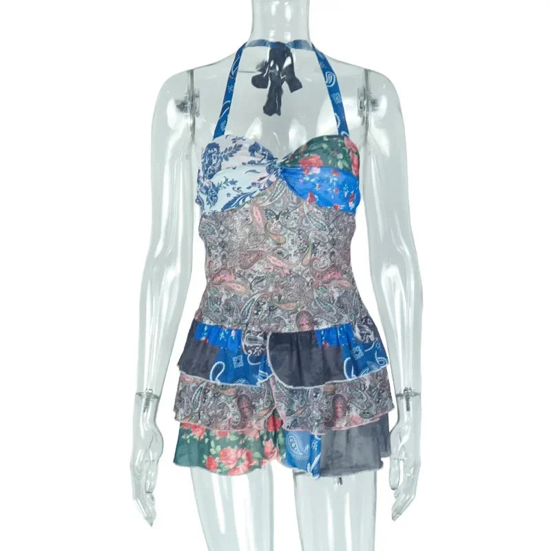 Colorful Print Dress Women Halter Backless Sleeveless Ruched Ruffles Tierred Vacation Beach Party Trend Mini Bodycon