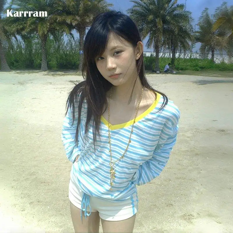 Karrram Japanese Y2k Blue Striped T-shirt Korean 2000s Style V-neck Long Sleeve T Shirt Vintage Harajuku Off Shoulder Loose Tops