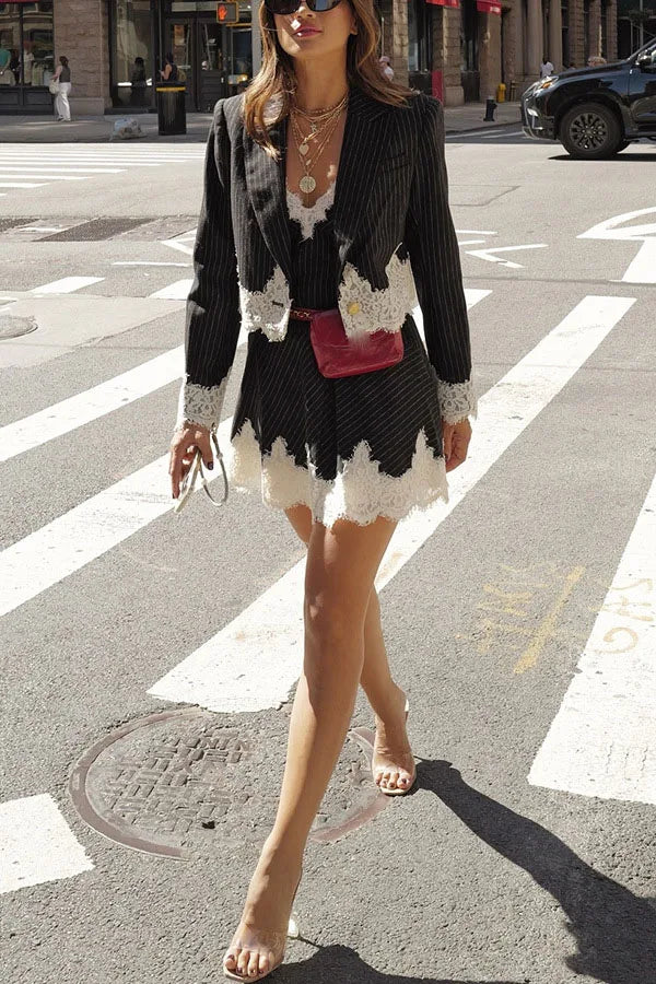 Women Sexy V Neck Mini Dress And Lapel Suit Jacket Office Lady Striped Lace Patchwork Two Piece Dress Sets Elegant Female Suits