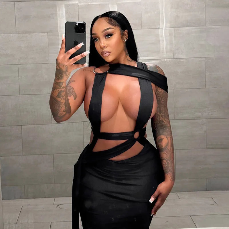GLCMYAYA Women Sleeveless Roll Splicing Cutout Bodycon Midi Maxi Long Dress 2025 Summer Vacation Holiday Sexy Club Party Dresses