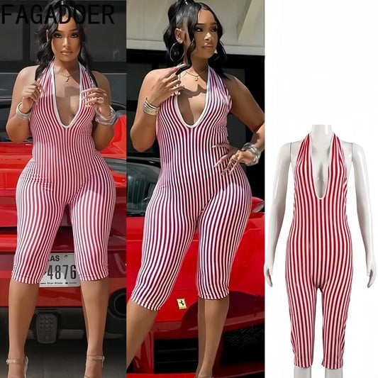 FAGADOER Casual Striped Patchwork Bodycon Romper Women Red Halter Deep V-neck Backless Jumpsuit Female Streetwear Overalls New