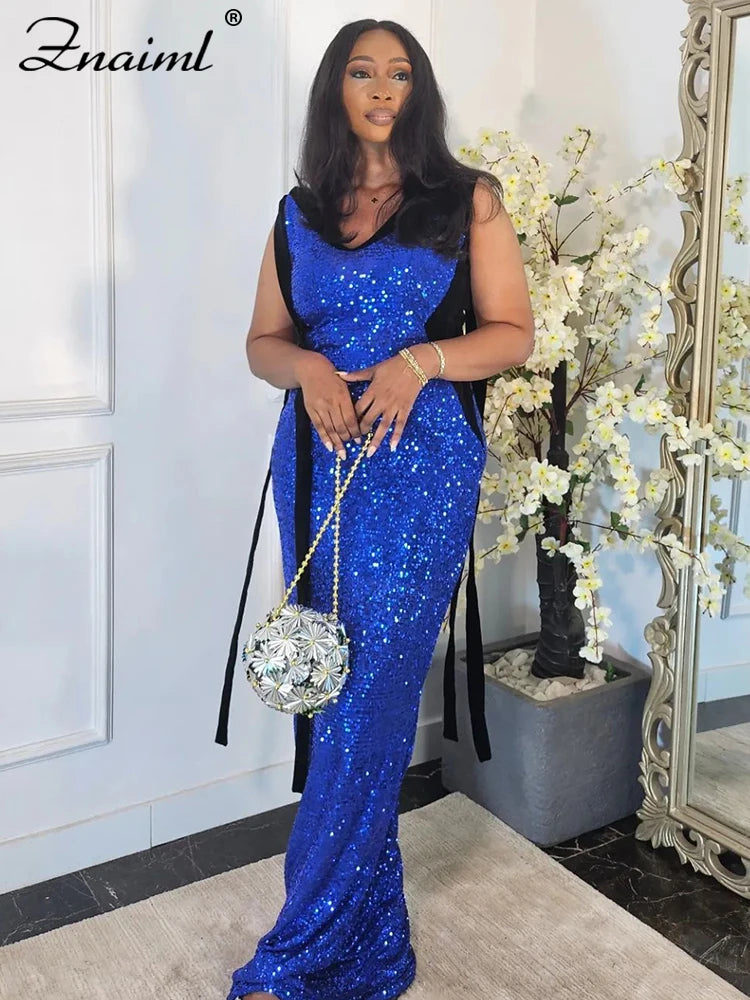 Znaiml Women Elegant Cocktail Prom Long Blue Dress Luxury Sequin Sleeveless Bandage Wedding Gown Evening Formal Party Vestidos